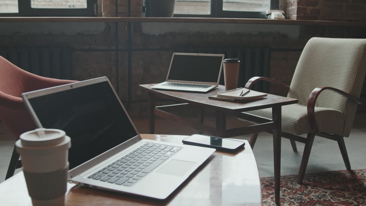 Dolly Shot of Work Desks in Stylish Loft Coworking Space