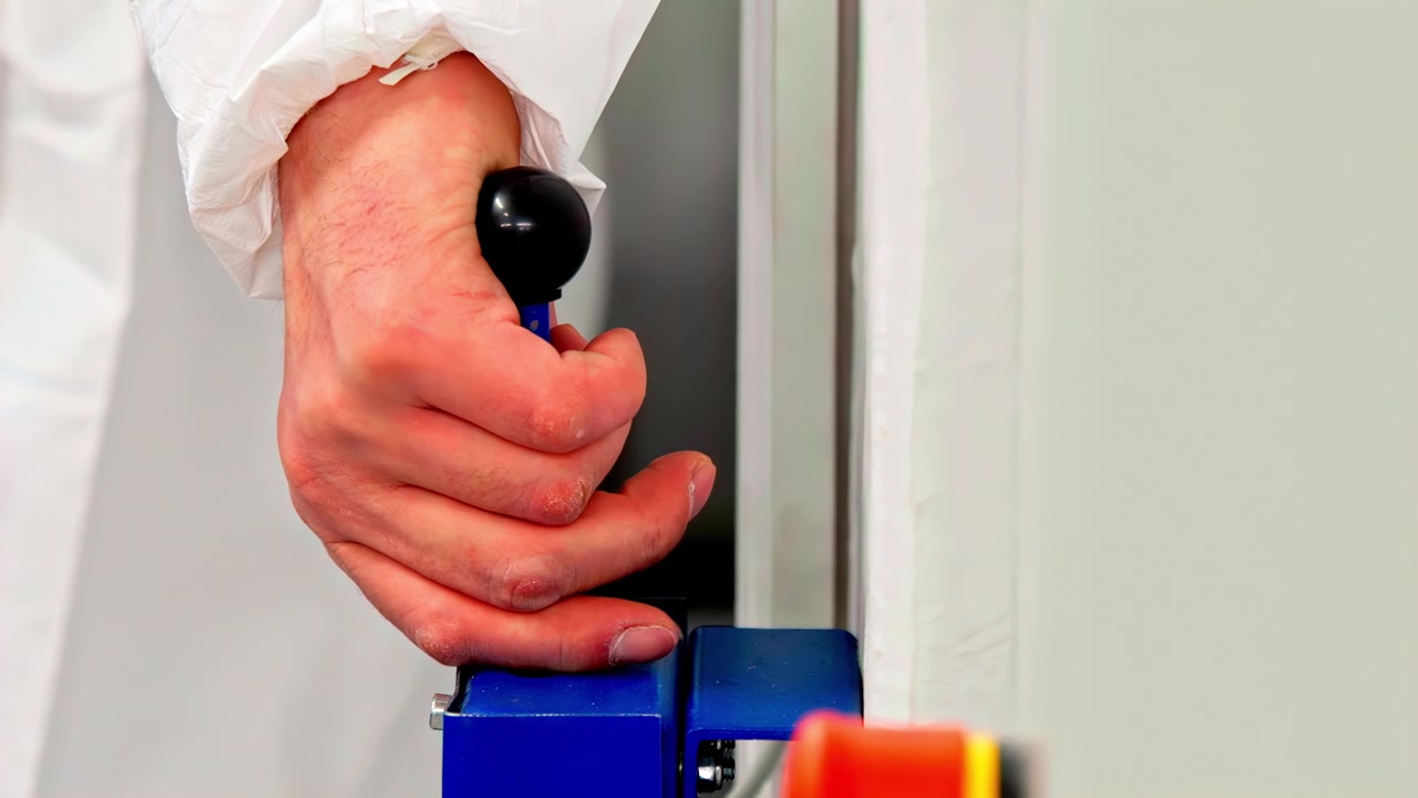 Hand gripping control lever operating machine in industrial setting closeup