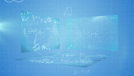 Digital-animation-of-screens-with-mathematical-equations-over-grid-network-on-blue-background