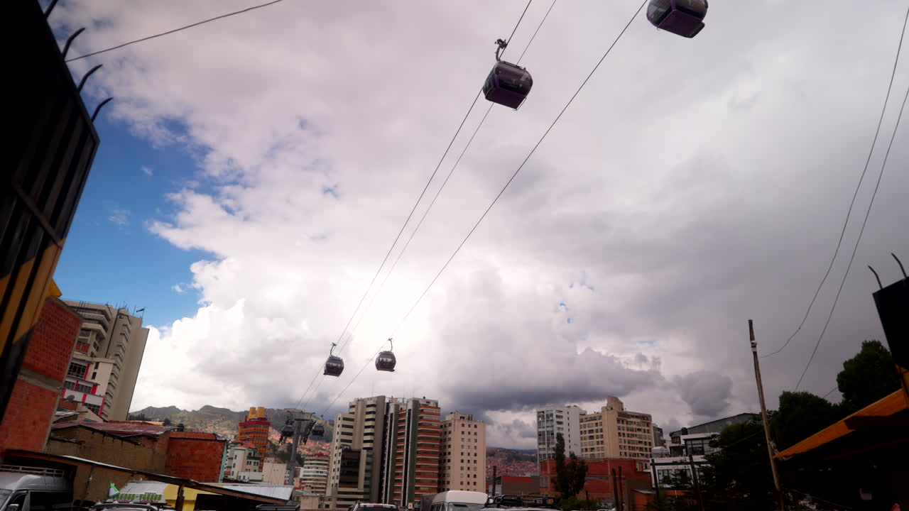 Vista di funivie che si spostano tra gli edifici sotto un cielo nuvoloso nel centro di La Paz