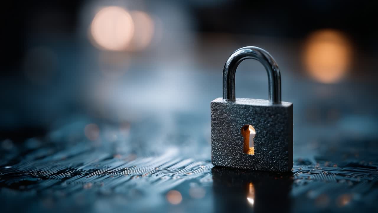 A Macro Perspective on Security: Close-Up Imagery of a Metallic Padlock Set Against an Abstract Background, Emphasizing Protection and Privacy Elements