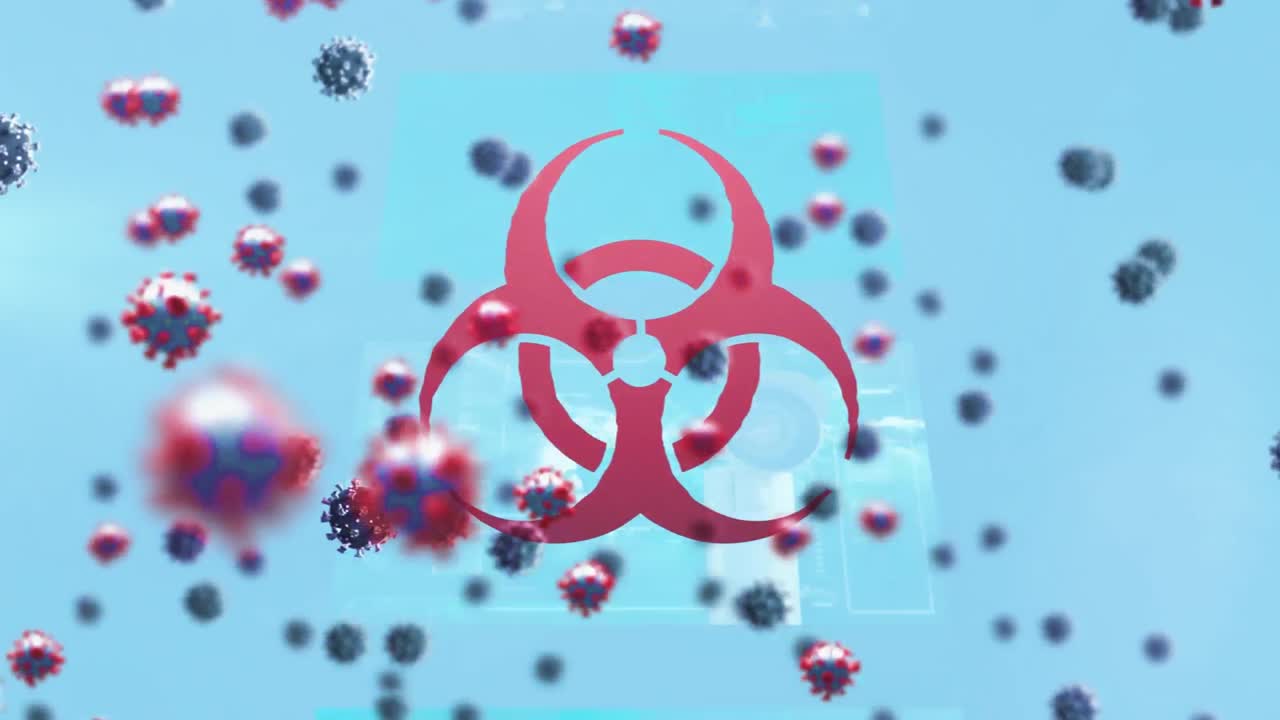 Animation of covid 19 cells flying over warning sing
