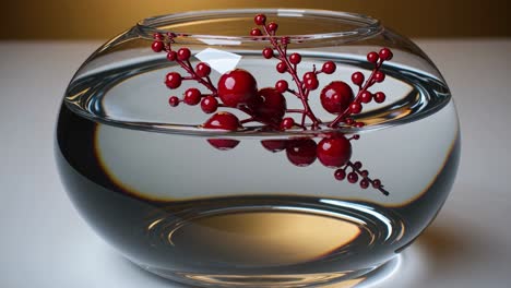 red floral arrangement gently floating in transparent glass bowl, creating minimalist composition with deep red berries resting on tranquil water surface in studio setting