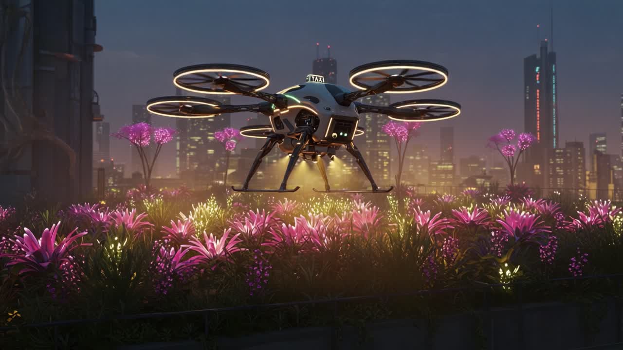 A Futuristic Drone Surrounded by Vibrant Flora in a Neon Cityscape, Showcasing Advanced Technology and Nature Coexisting Harmoniously in a Dystopian Setting