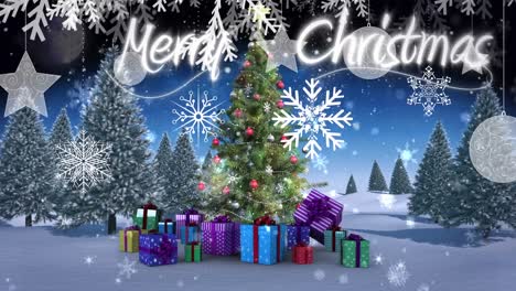Animation-of-merry-christmas-text-and-christmas-tree-over-winter-scenery