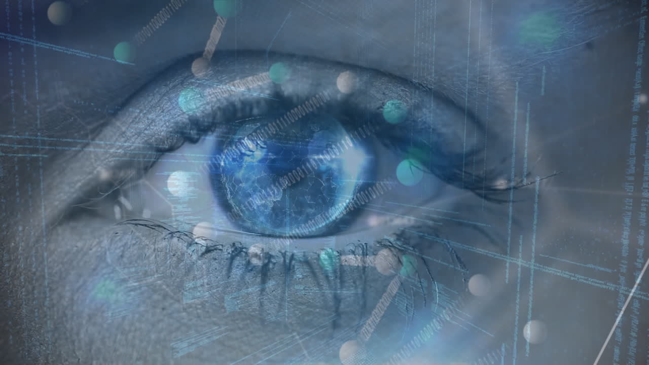 animación de codificación binaria, procesamiento de datos y cadena de adn girando sobre el ojo azul