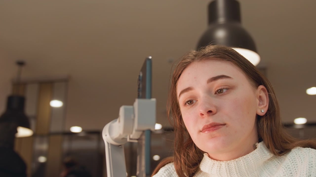 Medium close-up of young woman leaning toward camera mounted on stabilizer, preparing to speak with calm focused expression, subtle head tilt, tucked hair, warm indoor lighting and soft background