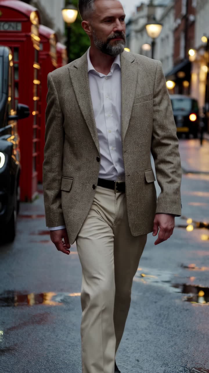 Businessman walking in the rain in London