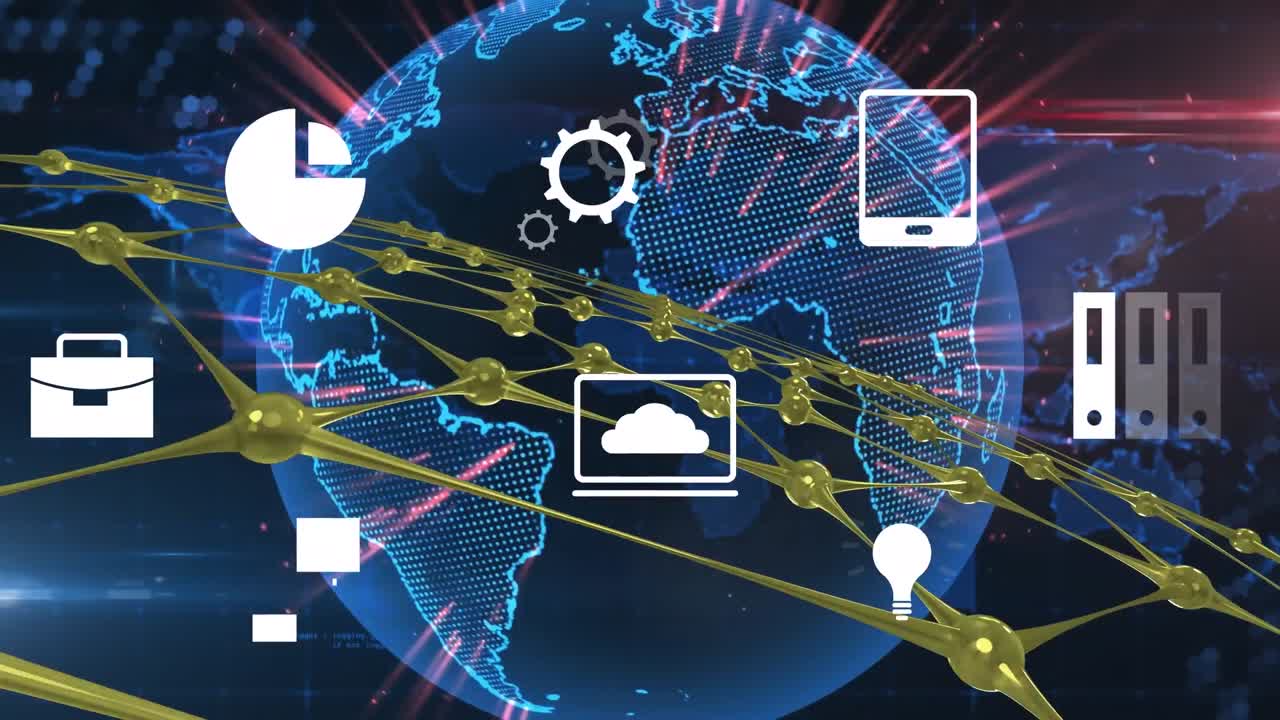 animación de múltiples iconos digitales a través de una red de conexiones, globo giratorio y mapa del mundo.