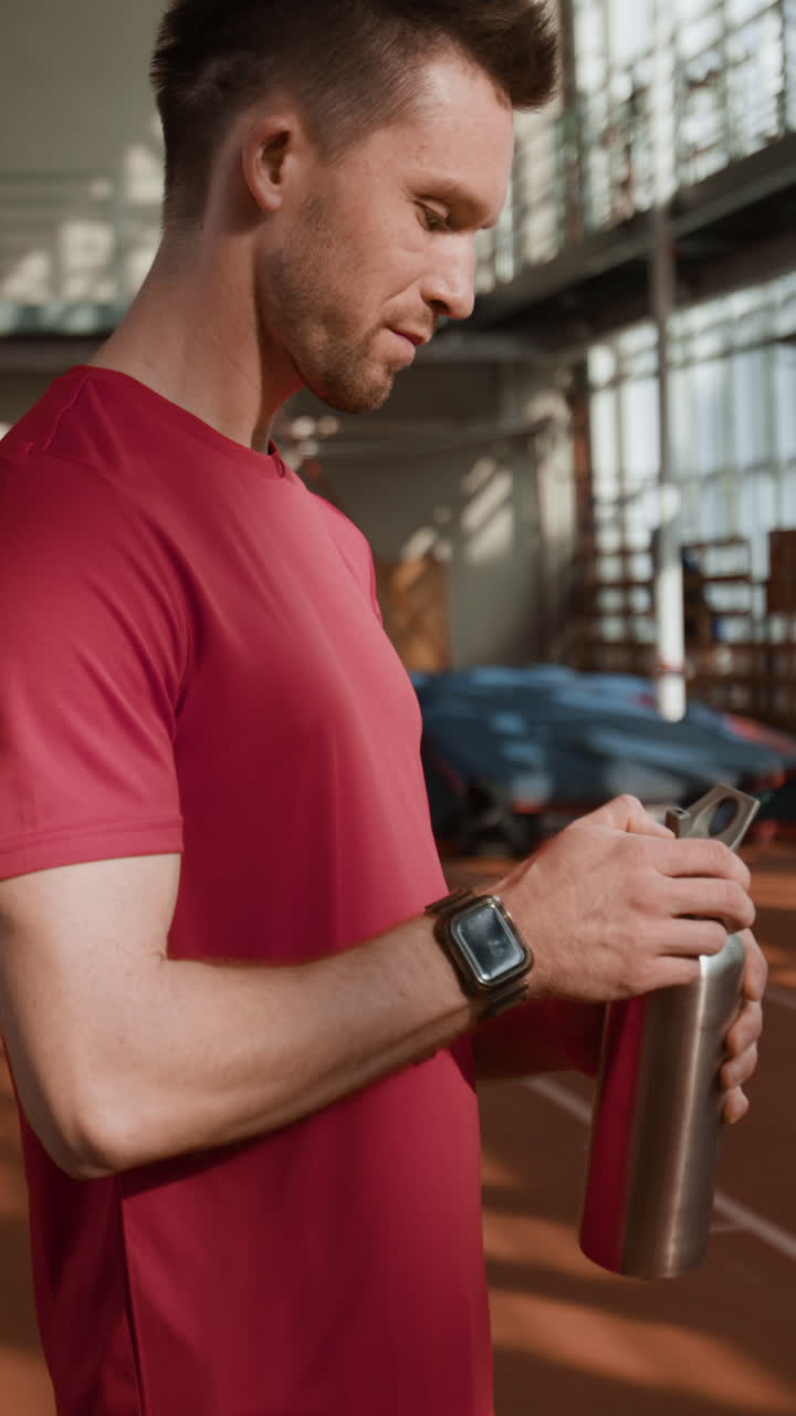 Man drinking water from a bottle during a workout break
