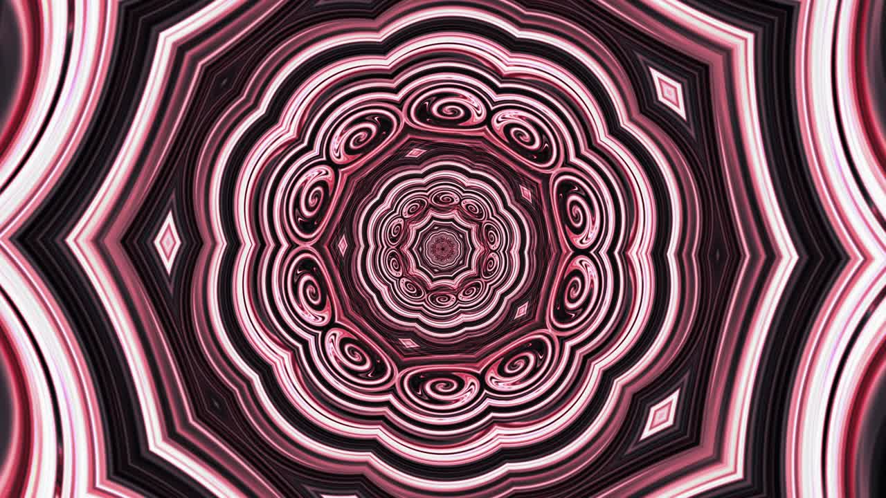 4k patrón redondo ornamental abstracto, mandala roja rosada. fondo caleidoscópico de círculo de patrón cambiante bucle sin costura. mandalas simétricas hipnóticas que cambian continuamente el fondo ornamentado.