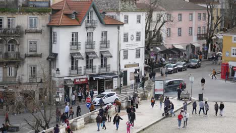 overhead view of people walking in the town of sintra portugal