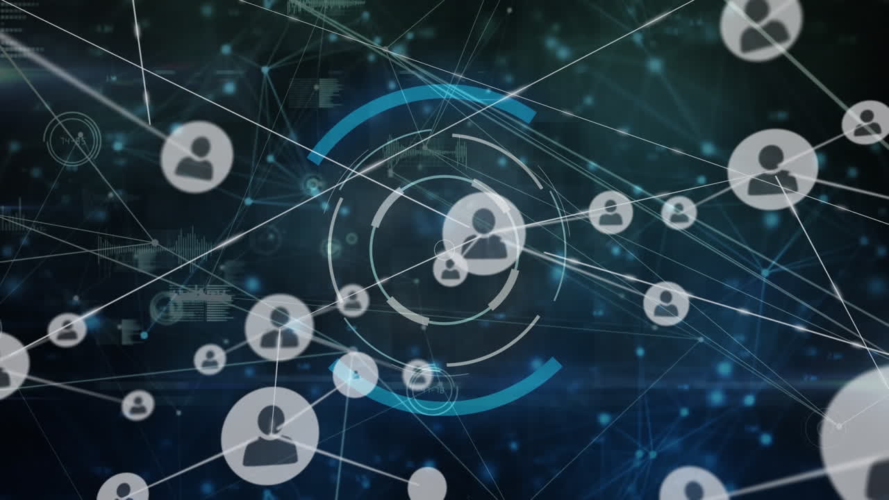 animación de la red de conexiones con iconos y escaneo de alcance sobre fondo negro