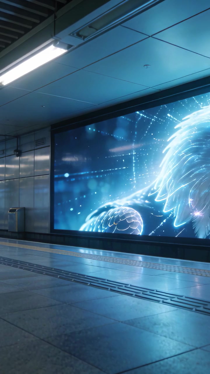 Video verticale: Inizio della registrazione di una persona che muove la telecamera sulla banchina della metro, inquadrando un globo con schermo LED.