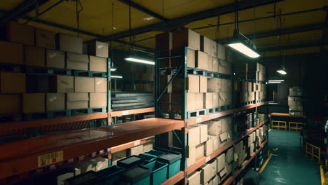 dark and dimly lit warehouse interior with stacked cardboard boxes on shelves