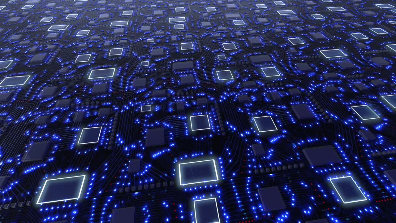 blue 3D concept printed circuit boards with blue pulsation of glowing signals