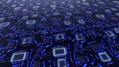 blue 3d concept printed circuit boards with blue pulsation of glowing signals
