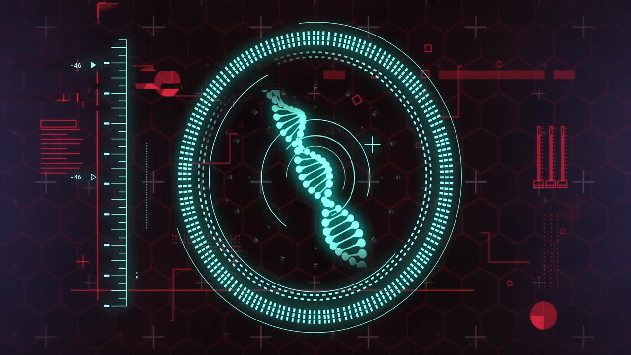 Animation of scope scanning with dna strand over diagrams and data processing