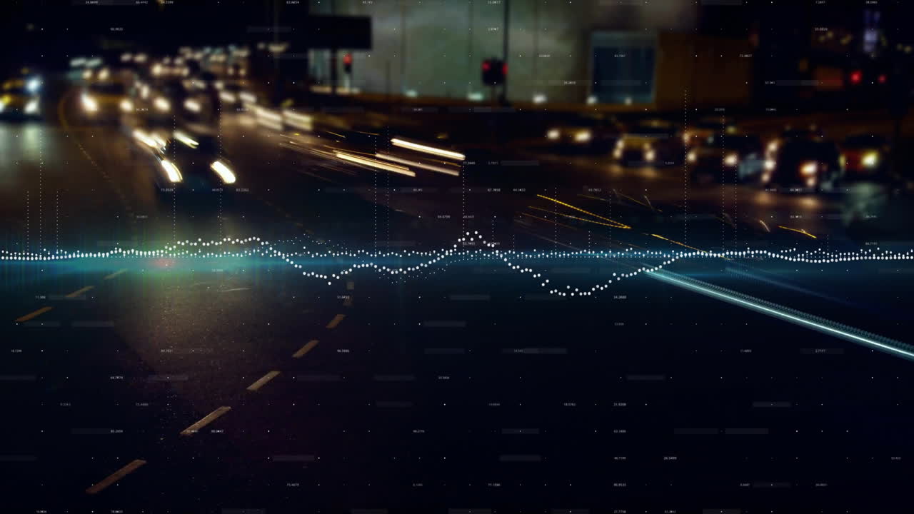 Animation of financial data processing over city lights