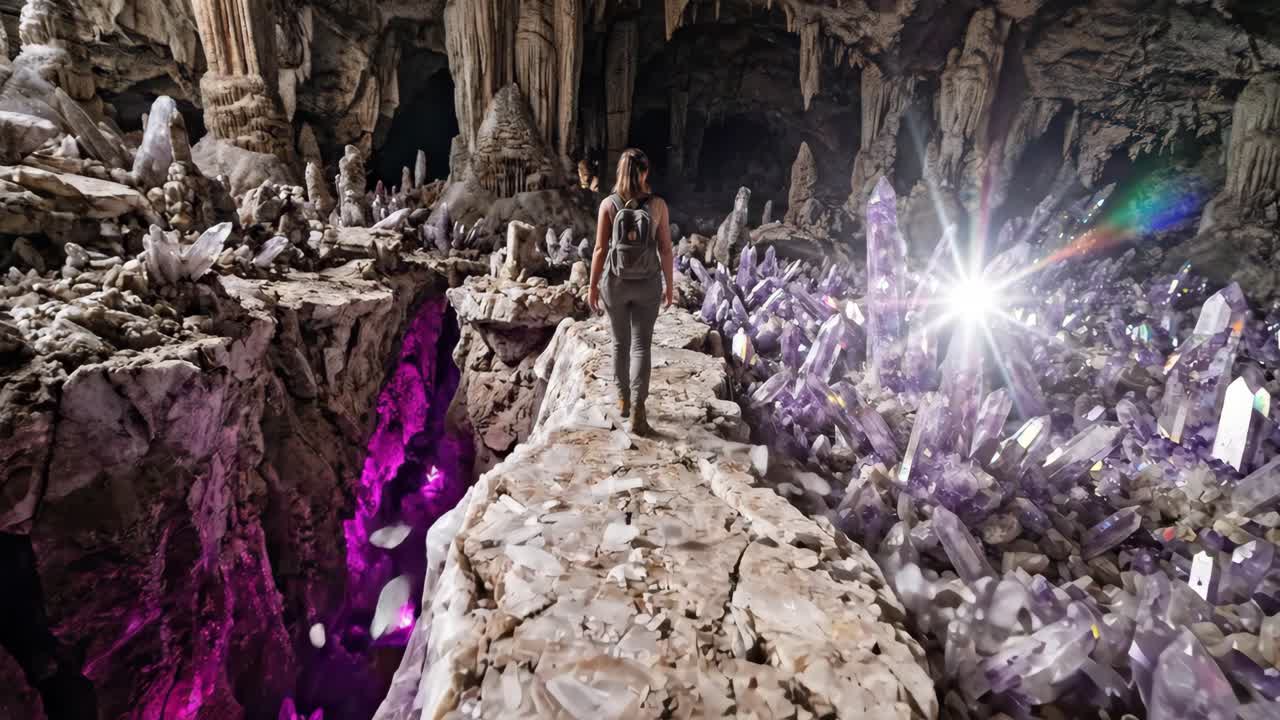 Donna che cammina attraverso una magica grotta di cristallo con formazioni di ametista splendenti