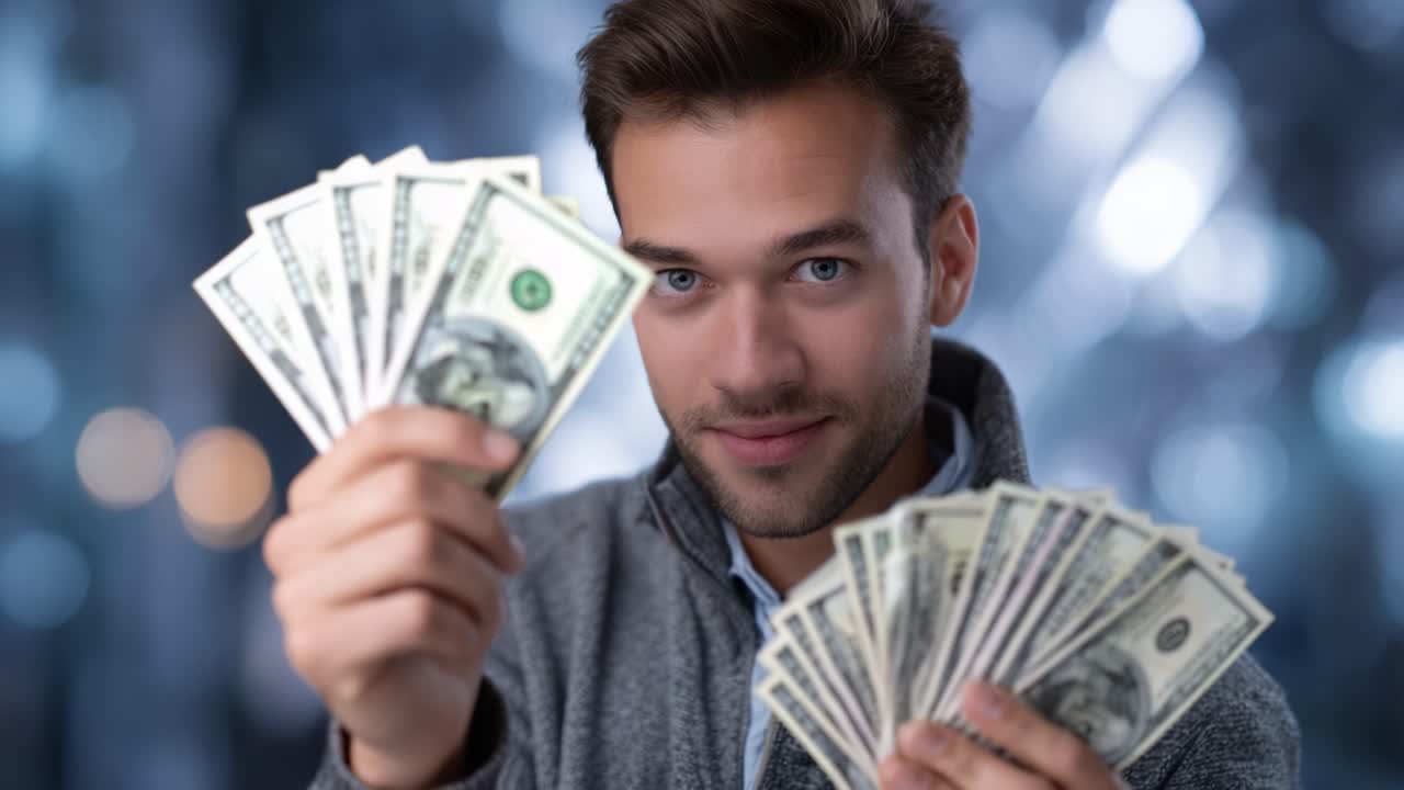 Giovane uomo sicuro di sé che mostra dei contanti mentre sorride e indica la fotocamera, esprimendo carisma e successo finanziario in un ambiente accattivante
