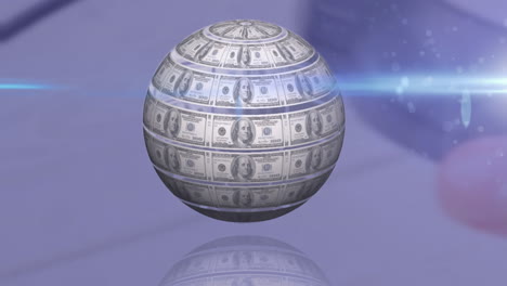 animation of rotating globe of dollar bills and moving beam of light on grey background