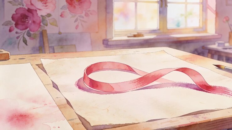 Dipinto ad acquerello di un nastro rosa sulla scrivania di un artista