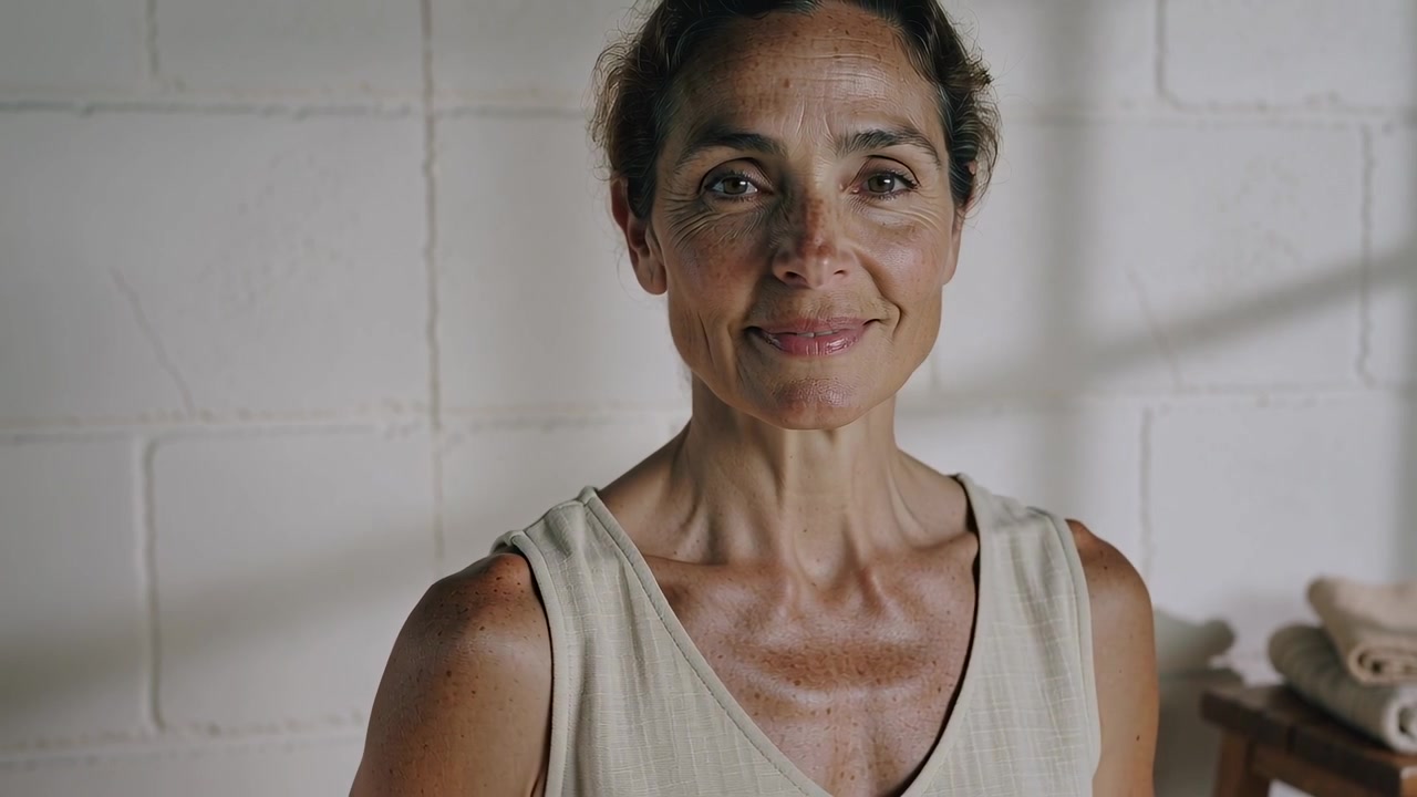 Mulher virando-se para a câmera após o sinal em estúdio, posando, sorrindo e mantendo o olhar, vestindo blusa bege