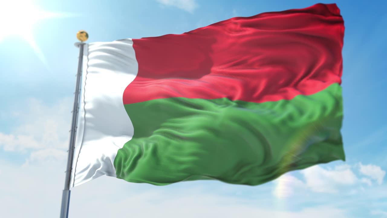 Illustrazione 3D 4K della bandiera sventolante del Madagascar su un'asta.