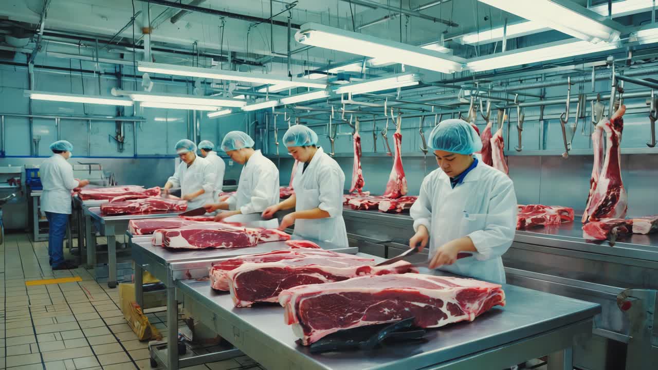 Meat processing factory with butchers and meat