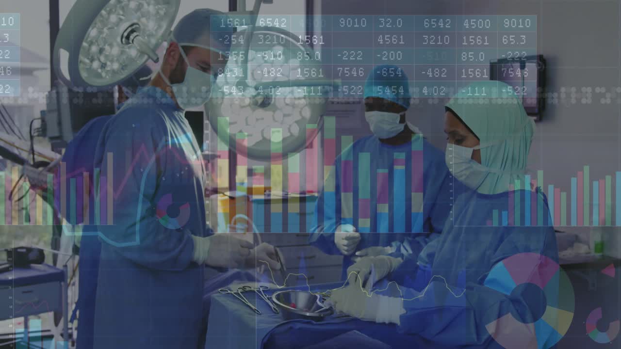 Medicinsk team justerer kirurgiske instrumenter på operationsstuen, der viser animerede datagrafer