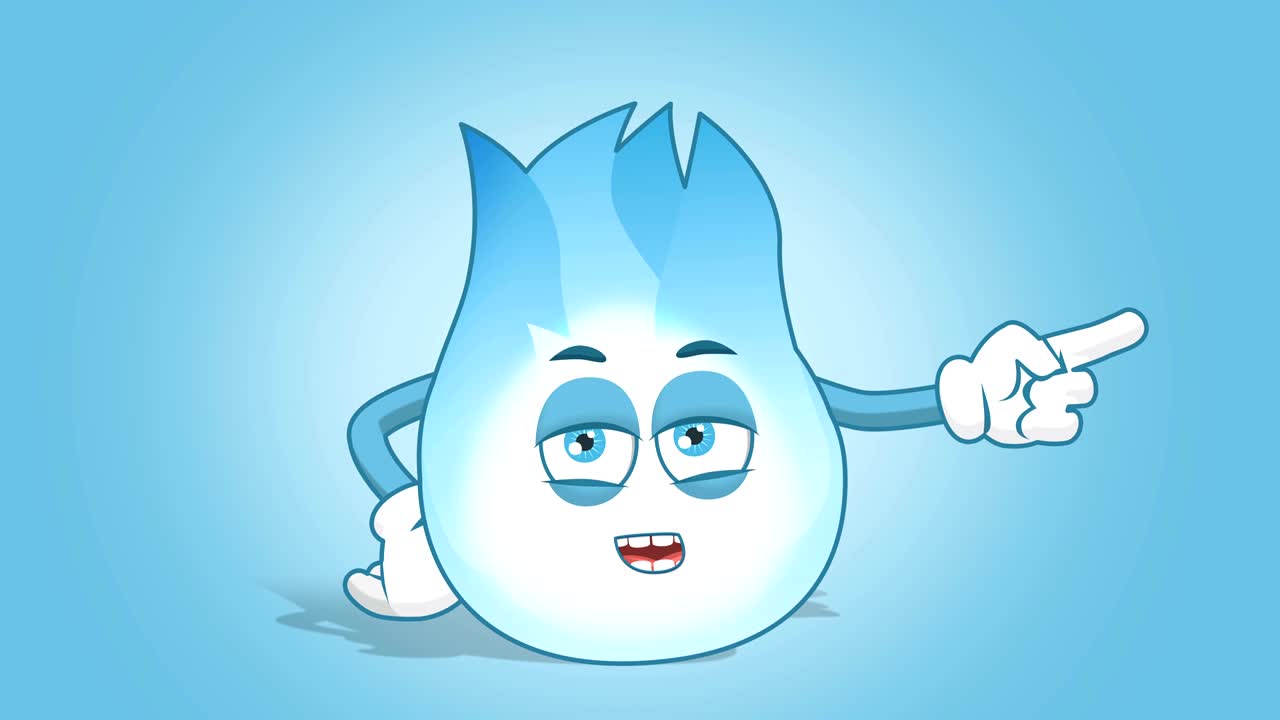 dibujos animados llama de gas desafortunado puntero derecho hablar con cara animación alfa mate