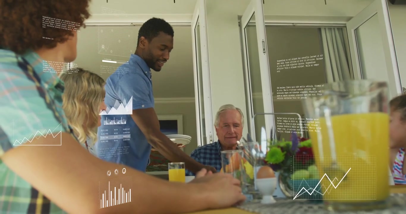 Vertical video: Man entering with plates, serving breakfast while data charts overlaying people