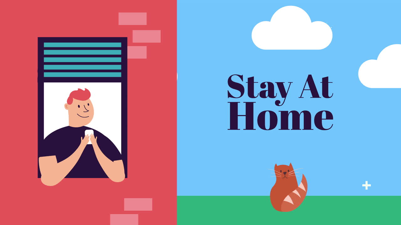 아파트 창문에서 스마트폰을 사용하는 남자 집에 머물 캠페인