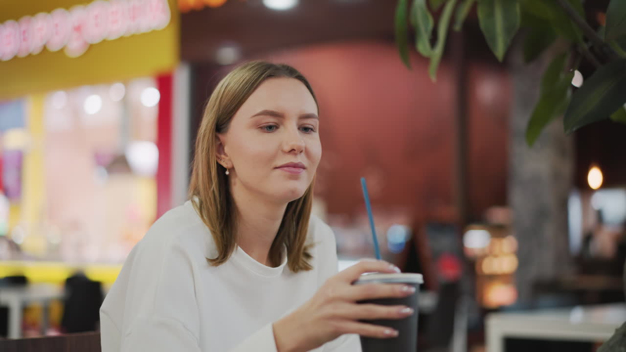 dama de camisa blanca bebiendo café de la taza con una sonrisa sutil mientras está sentada en una cafetería del centro comercial, el fondo presenta iluminación cálida, vegetación y letreros de restaurantes borrosos