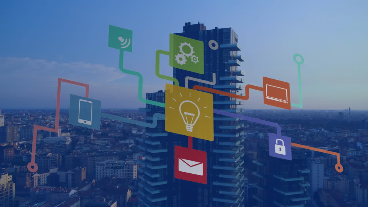 애니메이션은 흐름 차트에서 연결된 아이콘입니다. 구름이 가득한 하늘을 배경으로 현대 도시를 공중에서 볼 수 있습니다.