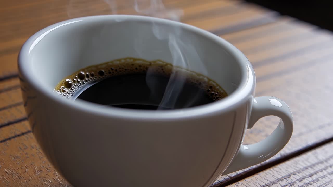 Primer plano de un vídeo de café humeante en una taza blanca sobre una mesa de madera