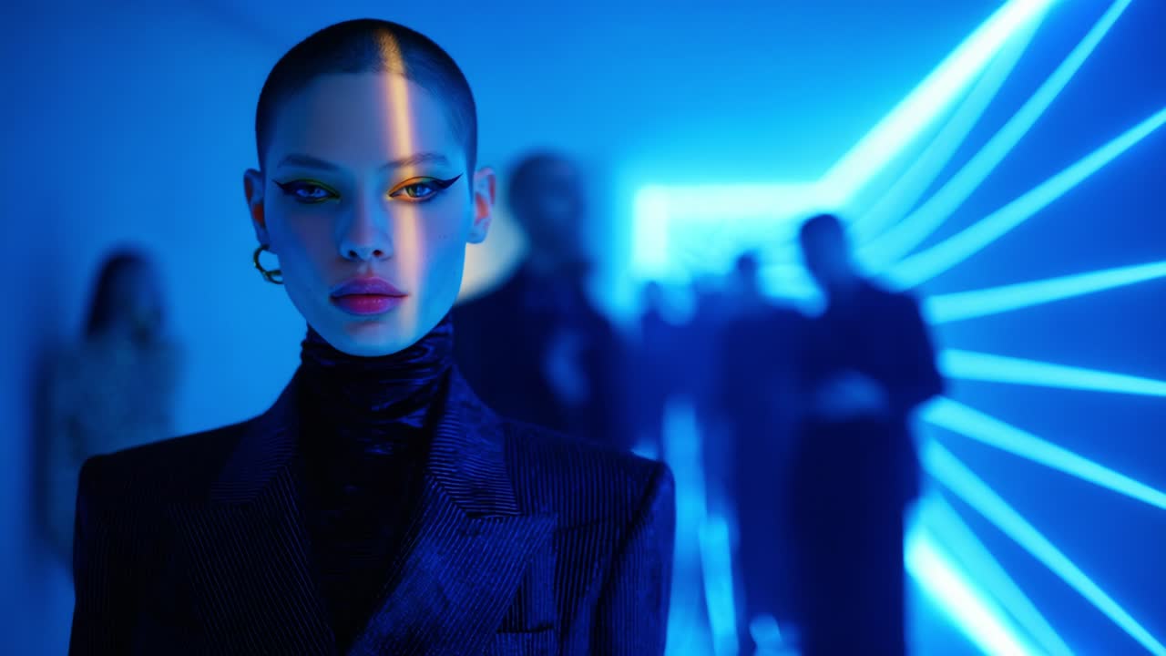A Stunning Portrait of a Confident Individual in a Stylish Suit Under An Atmospheric Blue Neon Light, Capturing the Essence of Modern Elegance and Urban Aesthetics