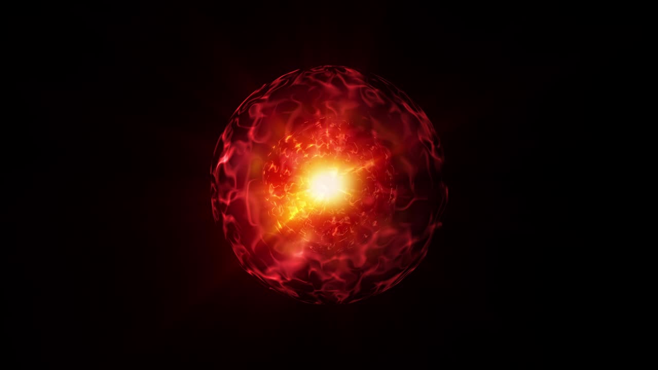 rojo amarillo naranja brillante bola de energía abstracta con fuego en fondo negro. 4k 3d renderización de bucle sin costuras tecnología futurista reacciones de plasma nuclear elemento. efecto de energía de la ciencia atómica.