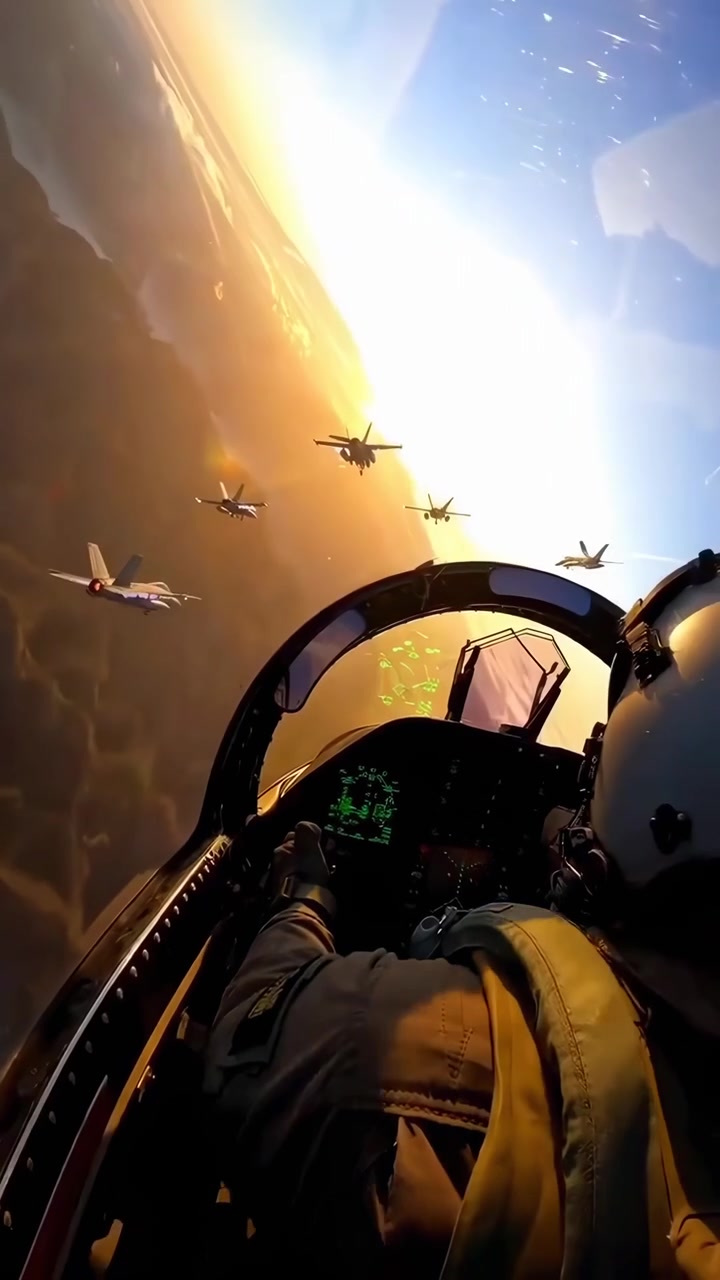 Prospettiva del pilota di aerei da caccia in formazione sopra le nuvole al tramonto