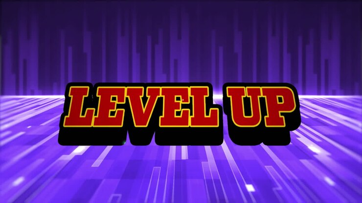 Animazione del testo rosso Level Up, su esplosione e pavimento viola in movimento con cascata.