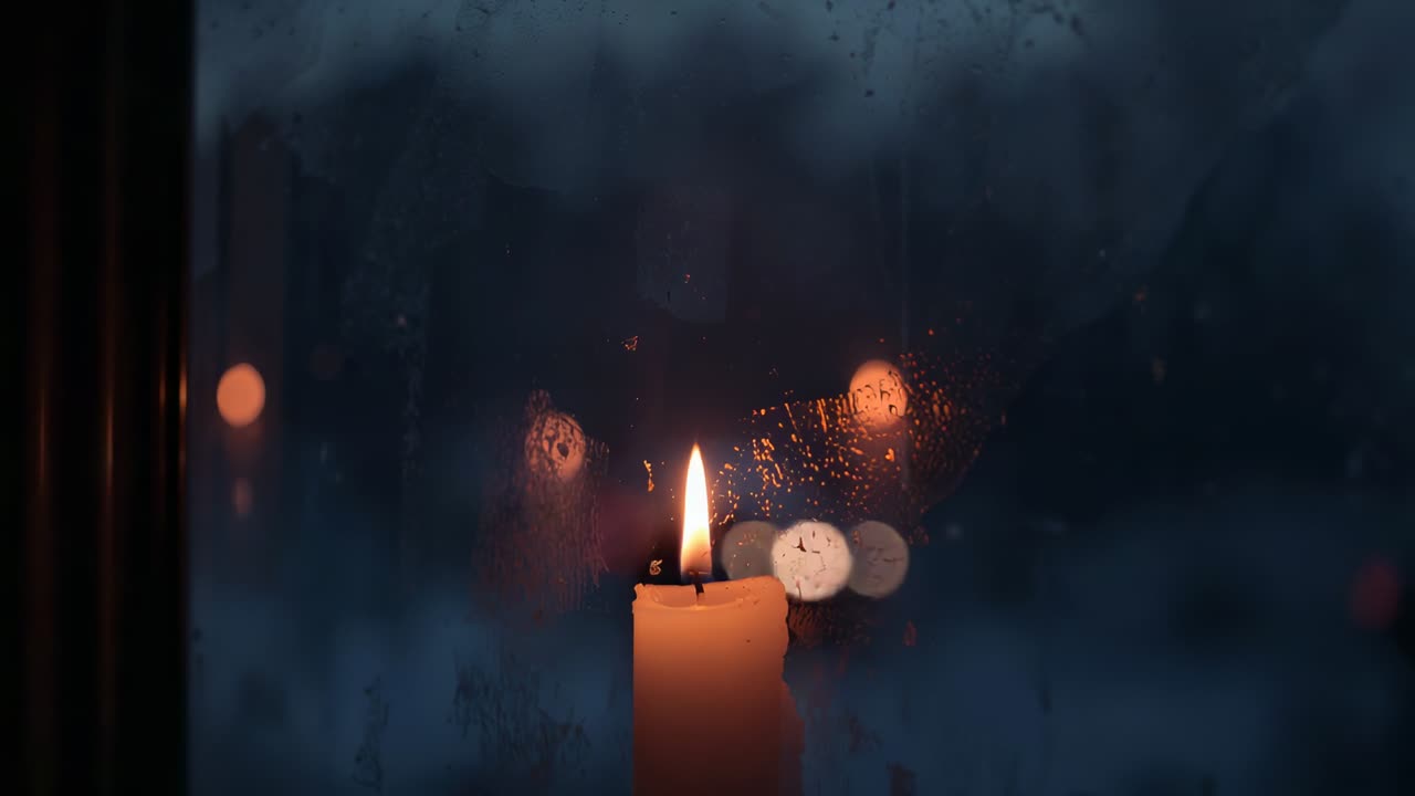 Flickering candle flame dancing on windowsill in breeze with rain-speckled pane and bokeh lights