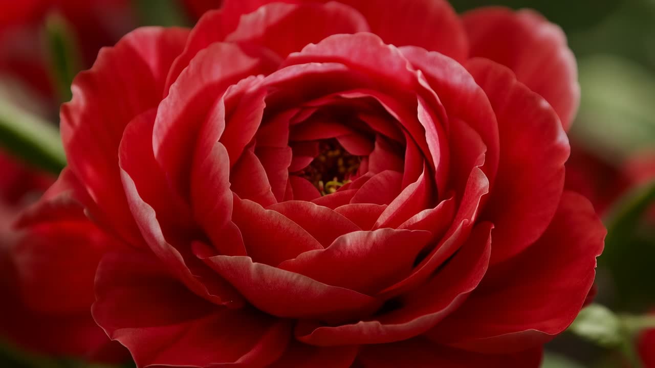 La camera si avvicina a un fiore rosso a petali doppi in un giardino, rivelandone gli stami e il polline