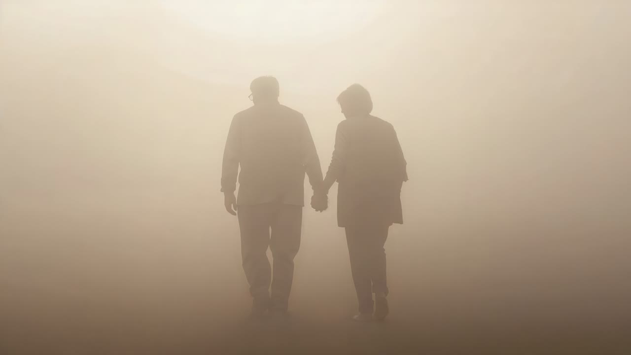 Walking senior couple holding joined hands through dense fog as camera starting, wearing coats