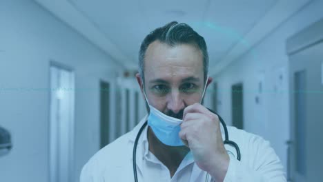 animación de procesamiento de datos sobre el retrato de un médico caucásico que lleva una máscara facial en el hospital