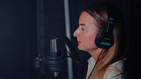 mujer cantando en un micrófono en un estudio de grabación