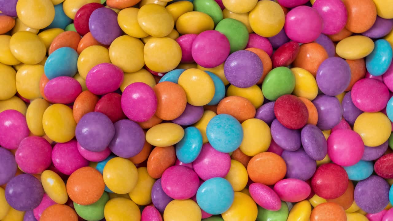 Pila de caramelos de chocolate de colores sobre fondo.