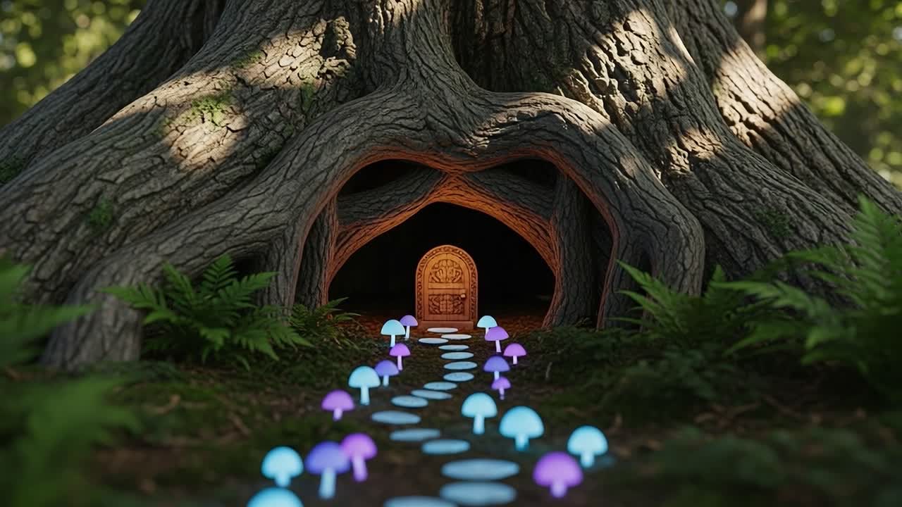 A Magical Forest Pathway Leading to an Enchanted Doorway within an Ancient Tree, Surrounded by Lush Foliage and Glowing Mushrooms
