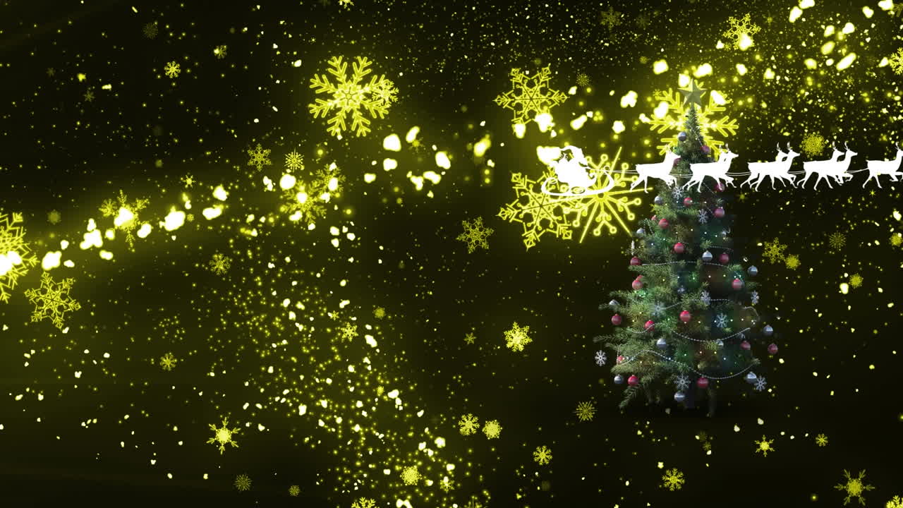 animación del trineo de santa, la estrella fugaz y el árbol de navidad sobre fondo negro