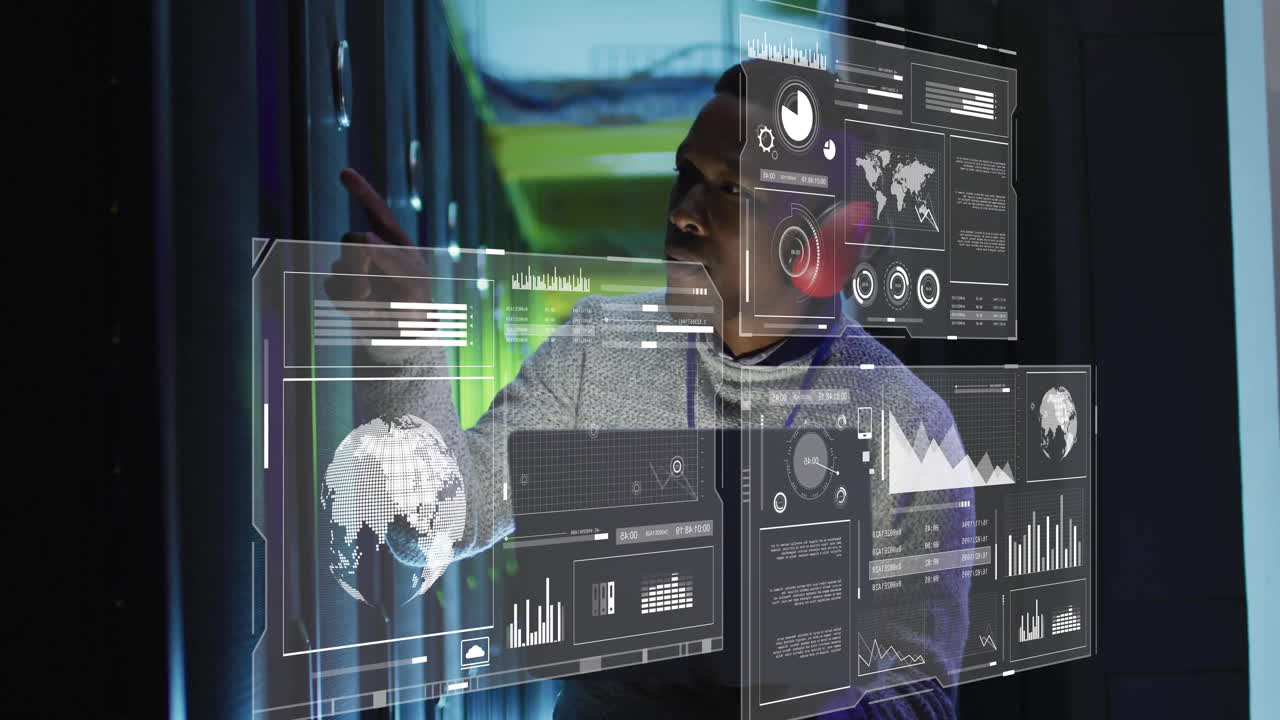 animación de procesamiento de datos financieros sobre empresario afroamericano en la sala de servidores